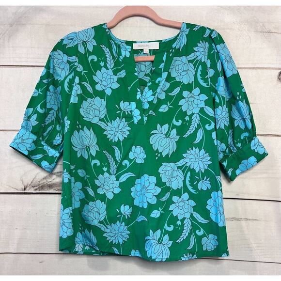 Sugarlips Size XS Top V Neck Green With Light Blue Flowers - Picture 1 of 6